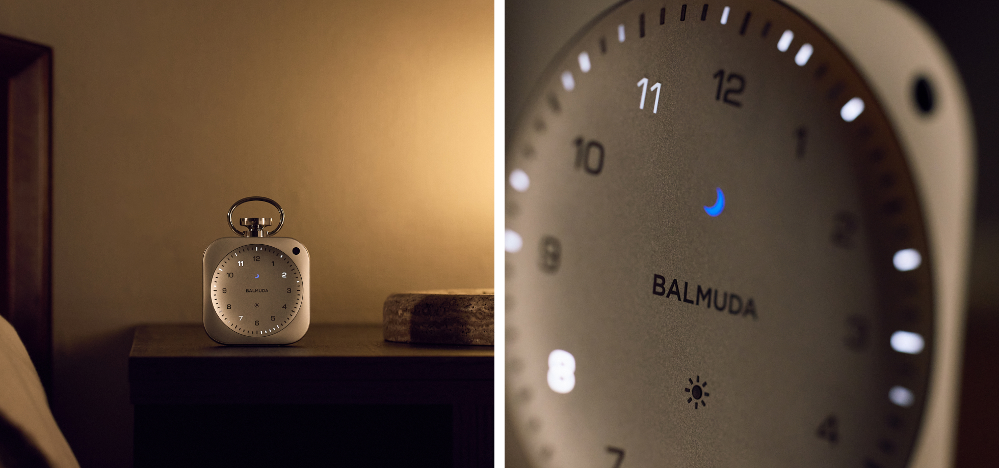 夜の寝室で文字盤が光っているThe Clock